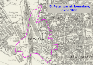 An 1899 Ordnance Survey map at 25 inch to the mile overlaid with the boundary of St peter's parish.