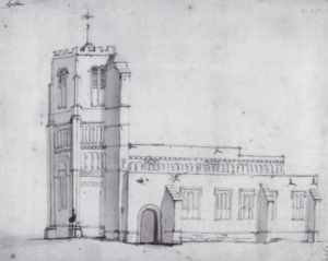 1719, by Peter Tillemans, probably drawn on 16 September 1719. Note the flat roof below the parapets and the prominent water spouts. The lower part of the south aisle windows appear to be blocked off.